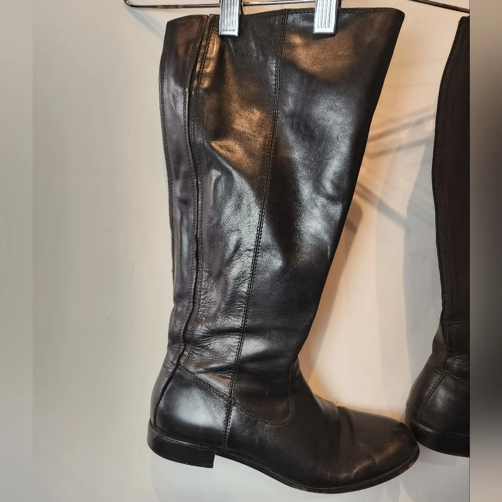 Kenneth Cole Black Leather Knee High Boots Flats Stretch Calf Womens Size 8.5